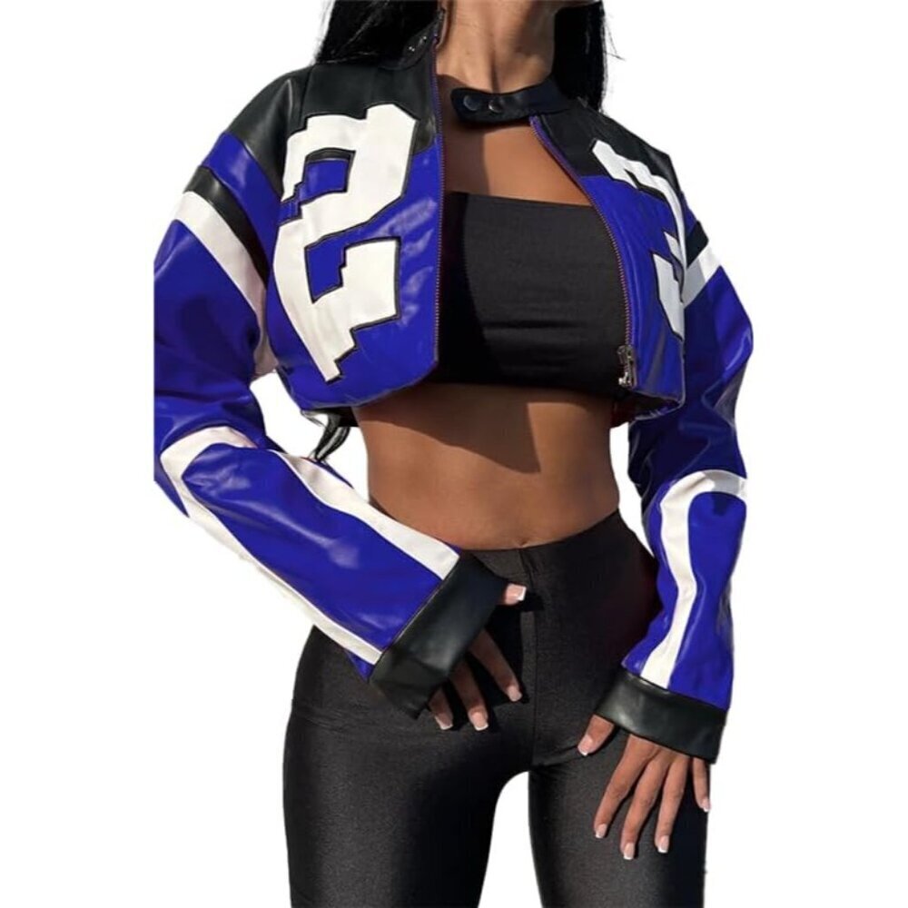 🆕Womens Blue VOIKERDR Faux Leather Cropped Motorcycle Bomber Y2K Street Jacket